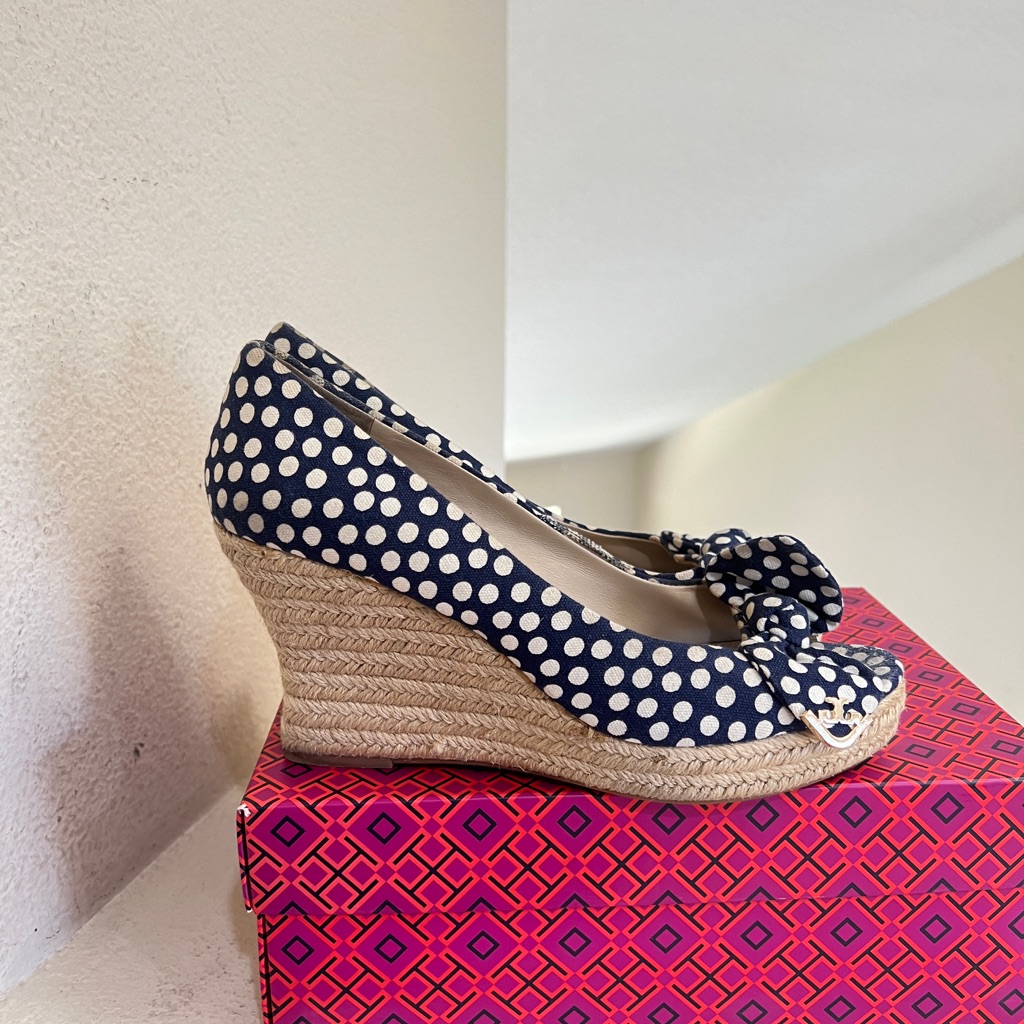 Tory Burch Dory Navy/White Polka Dot Peep Toe Espadrille Wedge Sandals Size 10